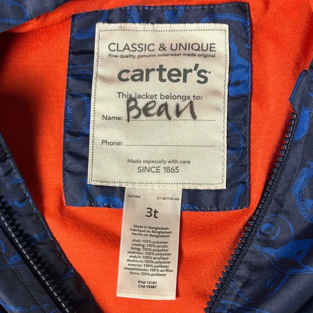 Carter's 3T Baseball Print Hooded Jacket –‎ Small Sleeve Tear